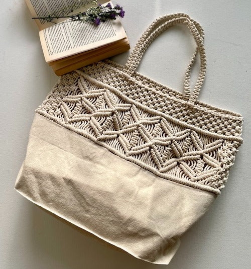 tote macrame shoulder bag for daily purpose cotton bag off white handmade for women